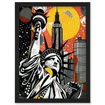New York Collage Halftone Pop Art Comic Book Statue of Liberty Skyscraper Abstract Artwork Framed Wall Art Print A4