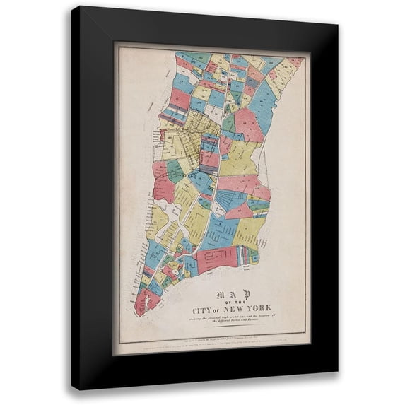 New York Common Council, 17x24 Black Modern Framed Museum Art Print Titled - Map of the City of New York showing original high water line and the location of different Farms and