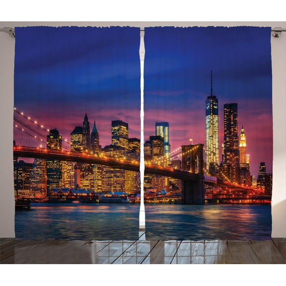 Ambesonne Panorama Curtains 2 Panel Set, NYC with Neon, 108" x 84", Pink Blue