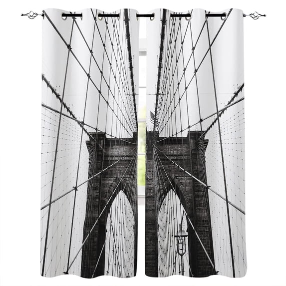 New York Curtains Decor Black White Panorama of New York City Skyline with Focus on Manhattan Bridge Living Ro