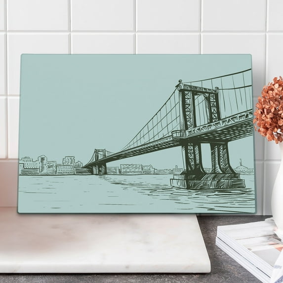 New York Cutting Board, Digital Drawn Brooklyn Bridge Unusual Graffiti Style Old Urban Cityscape Print, Decorative Tempered Glass Cutting and Serving Board, Large Size, Brown White, by Ambesonne