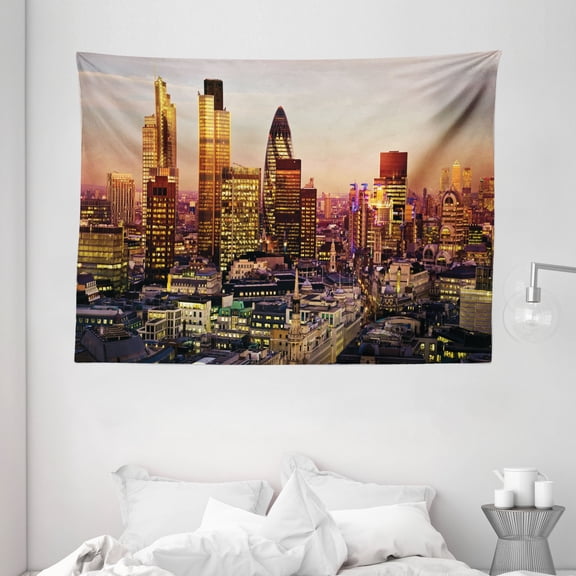 New York Decor Tapestry, Global City Sunset with Light Reflecting on Skyscrapers Famous Town Landmark View, Wall Hanging for Bedroom Living Room Dorm Decor, 80W X 60L Inches, Multi, by Ambesonne