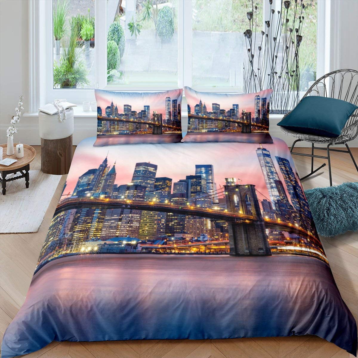 New York Duvet Cover NYC That Never Sleeps Reflection on Manhattan East River City Night Scene