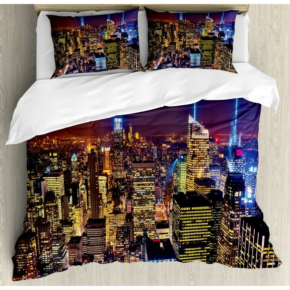 New York Duvet Cover Set, Aerial Cityscape Landmark Fourth of July Independence Penthouse Modern Image, Decorative 3 Piece Bedding Set with 2 Pillow Shams, King Size, Purple Yellow, by Ambesonne