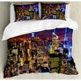 thumbnail image 1 of New York Duvet Cover Set, Aerial Cityscape Landmark Fourth of July Independence Penthouse Modern Image, Decorative 3 Piece Bedding Set with 2 Pillow Shams, Queen Size, Purple Yellow, by Ambesonne, 1 of 3