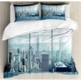 thumbnail image 1 of New York Duvet Cover Set, Aerial View of a Big Crowded Modern City from the Office New York Buildings Urban, Decorative 3 Piece Bedding Set with 2 Pillow Shams, Queen Size, Sky Blue, by Ambesonne, 1 of 3