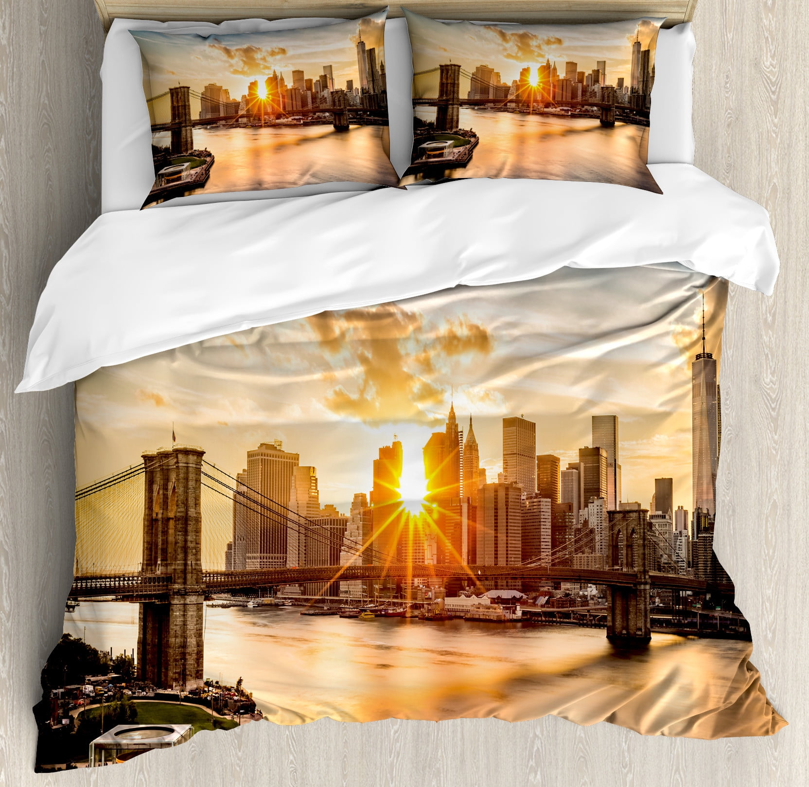 New York Duvet Cover Set, Cityscape of Brooklyn Bridge and Manhattan ...