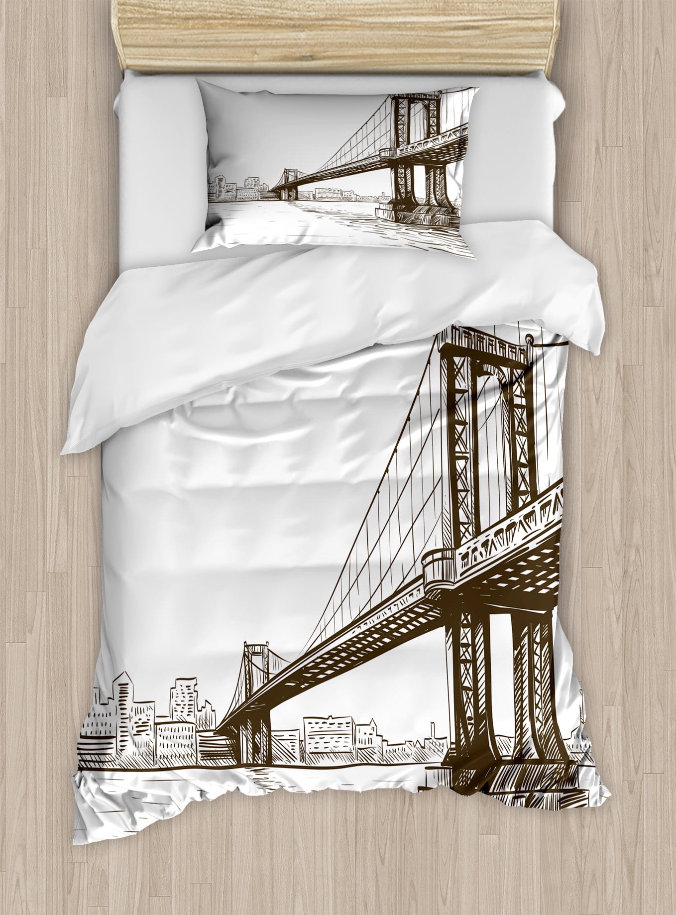 New York Duvet Cover Set, Digital Drawn Brooklyn Bridge Unusual