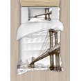 thumbnail image 1 of New York Duvet Cover Set, Digital Drawn Brooklyn Bridge Unusual Graffiti Style Old Urban Cityscape Print, Decorative 2 Piece Bedding Set with 1 Pillow Shams, Twin Size, Brown White, by Ambesonne, 1 of 3