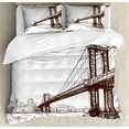 thumbnail image 1 of New York Duvet Cover Set, Digital Drawn Brooklyn Bridge Unusual Graffiti Style Old Urban Cityscape Print, Decorative 3 Piece Bedding Set with 2 Pillow Shams, King Size, Brown White, by Ambesonne, 1 of 3