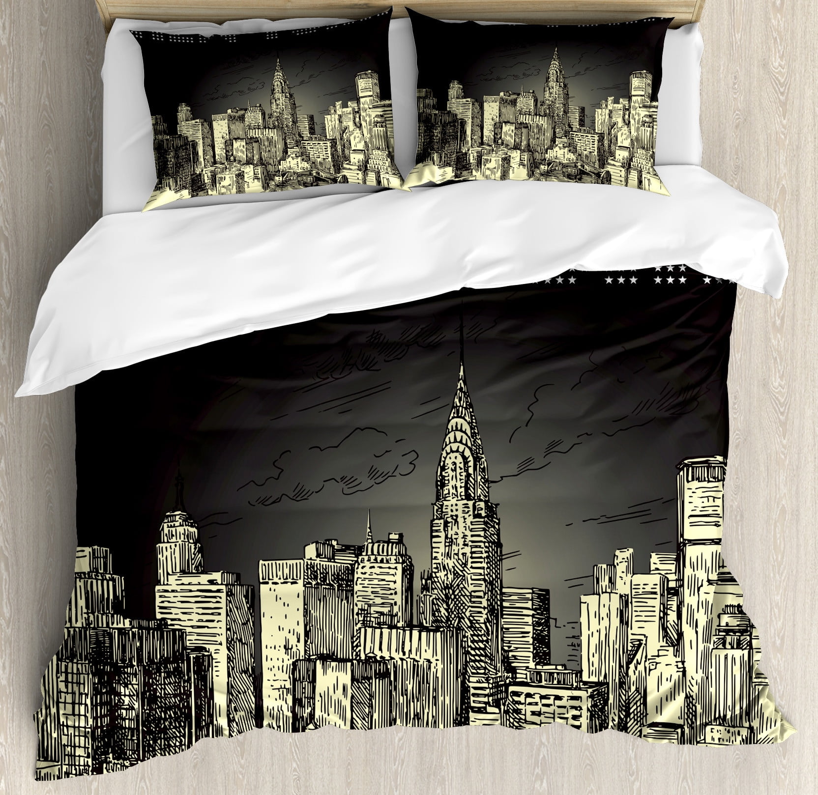 New York Duvet Cover Set, Grunge Pop Art Style Retro NYC Sky with