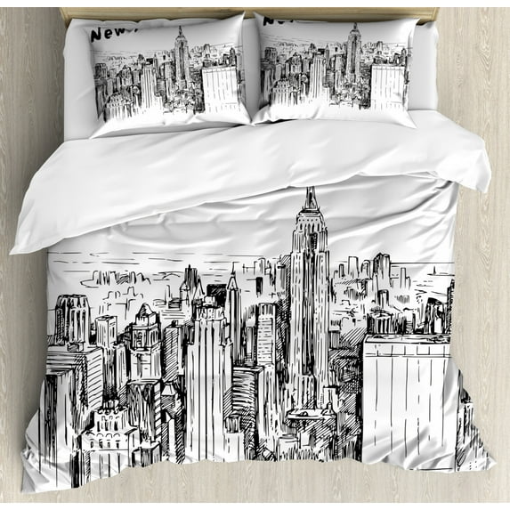 New York Duvet Cover Set King Size, Vintage Hand Drawn Urban Scenery with Skyscrapers Sketch Style Downtown, Decorative 3 Piece Bedding Set with 2 Pillow Shams, Charcoal Grey White, by Ambesonne