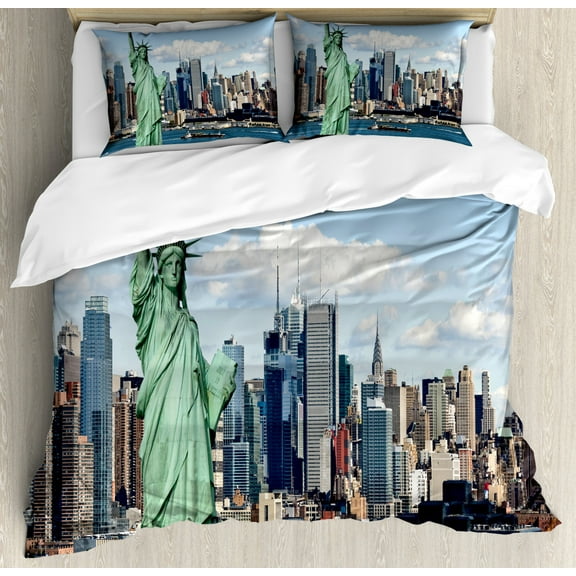 New York Duvet Cover Set, Liberty in NYC Harbor Urban City Print Famous Cultural Landmark Picture, Decorative 3 Piece Bedding Set with 2 Pillow Shams, King Size, Mint Blue, by Ambesonne