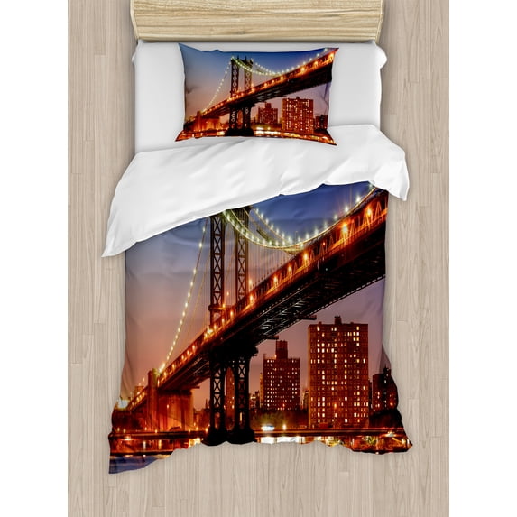 New York Duvet Cover Set, Manhattan Bridge with Cityscape over River Brooklyn Popular Town Image, Decorative 2 Piece Bedding Set with 1 Pillow Shams, Twin Size, Blue Orange, by Ambesonne