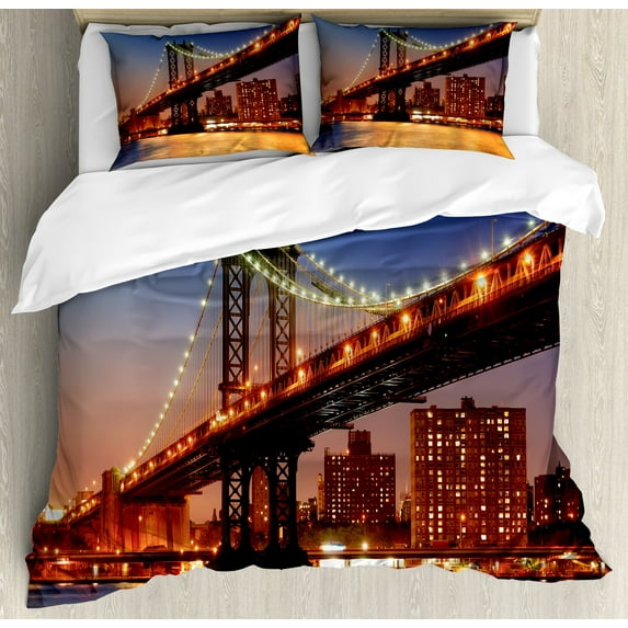 New York Duvet Cover Set, Manhattan Bridge with Cityscape over River Brooklyn Popular Town Image, Decorative 3 Piece Bedding Set with 2 Pillow Shams, Queen Size, Blue Orange, by Ambesonne