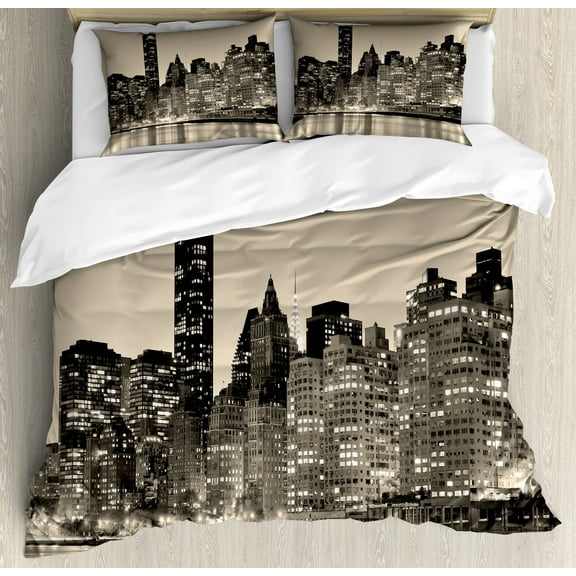 New York Duvet Cover Set, Manhattan Skyline at Night East River Panoramic Famous City Urban Life in USA, Decorative 3 Piece Bedding Set with 2 Pillow Shams, Calking Size, Sepia Black, by Ambesonne