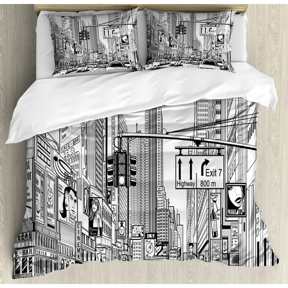 New York Duvet Cover Set, Monochrome Sketch Drawing of Downtown Manhattan Traffic Jam Advertisements, Decorative 3 Piece Bedding Set with 2 Pillow Shams, Queen Size, Black and White, by Ambesonne