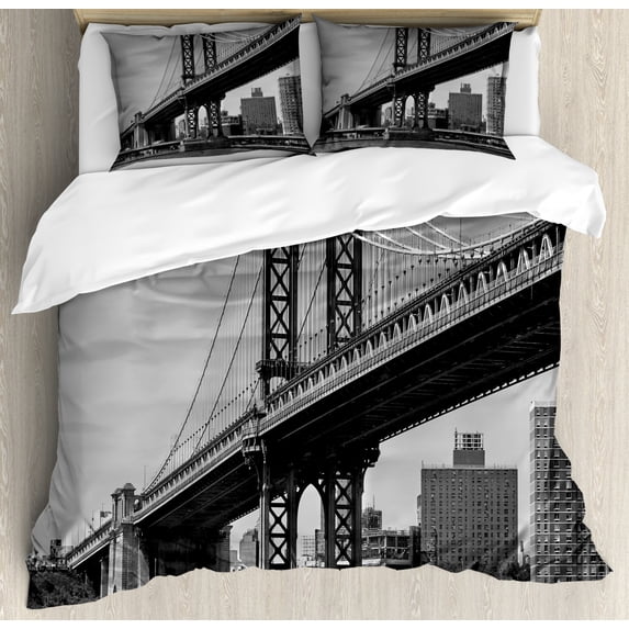 New York Duvet Cover Set Queen Size, Bridge of NYC Vintage East Hudson River Image USA Travel Top Place City Photo Art Print, Decorative 3 Piece Bedding Set with 2 Pillow Shams, Grey, by Ambesonne
