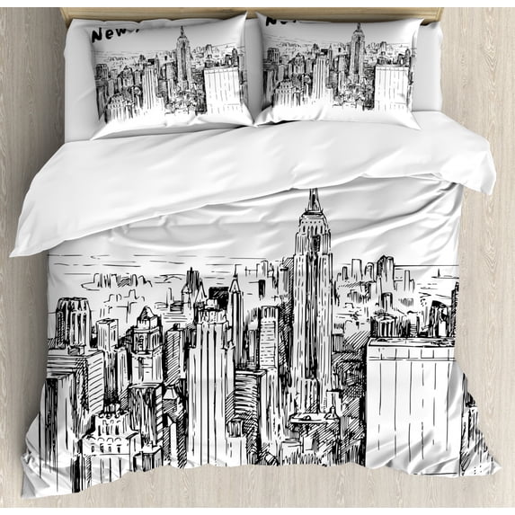 New York Duvet Cover Set Queen Size, Vintage Hand Drawn Urban Scenery with Skyscrapers Sketch Style Downtown, Decorative 3 Piece Bedding Set with 2 Pillow Shams, Charcoal Grey White, by Ambesonne