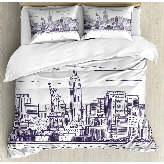 New York Duvet Cover Set, Sketchy Simple View of NYC of Liberty Freedom Ellis Island Print, Decorative 3 Piece Bedding Set with 2 Pillow Shams, Calking Size, Purple White, by Ambesonne