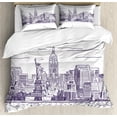 thumbnail image 1 of New York Duvet Cover Set, Sketchy Simple View of NYC of Liberty Freedom Ellis Island Print, Decorative 3 Piece Bedding Set with 2 Pillow Shams, Queen Size, Purple White, by Ambesonne, 1 of 3