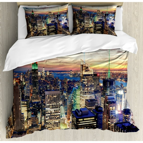 New York Duvet Cover Set, Skyline of NYC Urban Skyscrapers at Sunset Dawn Streets USA Architecture, Decorative 3 Piece Bedding Set with 2 Pillow Shams, Queen Size, Orange Blue, by Ambesonne