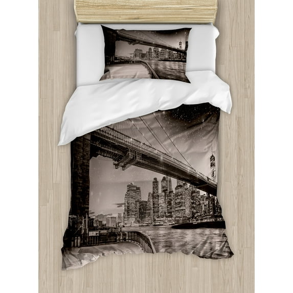 New York Duvet Cover Set, Summer Night in Manhattan Brooklyn Bridge Park River Waterfront Modern City, Decorative 2 Piece Bedding Set with 1 Pillow Shams, Twin Size, Dark Sepia Black, by Ambesonne