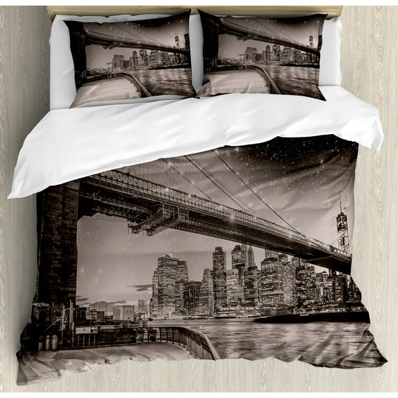 New York Duvet Cover Set, Summer Night in Manhattan Brooklyn Bridge Park River Waterfront Modern City, Decorative 3 Piece Bedding Set with 2 Pillow Shams, King Size, Dark Sepia Black, by Ambesonne