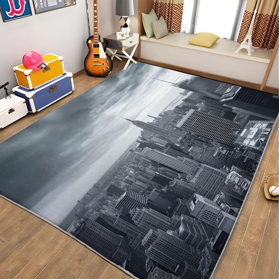 New York Empire State Building Area Rugs, Gray Cityscape Carpet, Washable Non Slip Low Pile Soft Rug for Living Room Bedroom Bedside Office Home Decor Mat 3x5ft