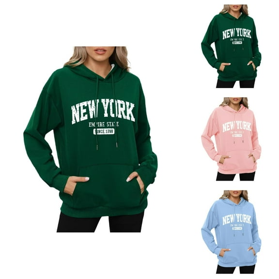 New York Empire State Hoodies for Women Fall Winter Long Sleeve Hooded Sweatshirt with Pockets Pullover Tops
