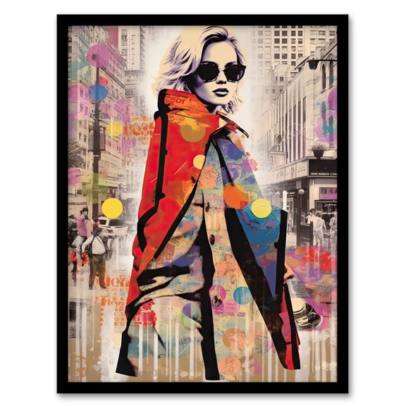 New York Fashion Advert Picture Collage Artwork Woman Colour Fashion Stands Out In Grey City Vibrant Colourful Bold Pop Art Modern Painting Art Print Framed Poster Wall Decor 12x16 inch