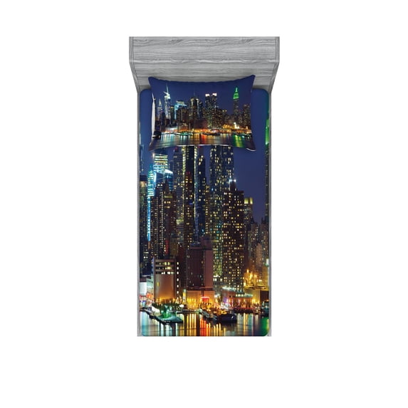 New York Fitted Sheet & Pillow Sham Set, NYC Midtown Skyline in Evening Skyscrapers Metropolis City States Photo, Decorative Printed 4 Piece Bedding Decor Set, Twin, Royal Blue, by Ambesonne