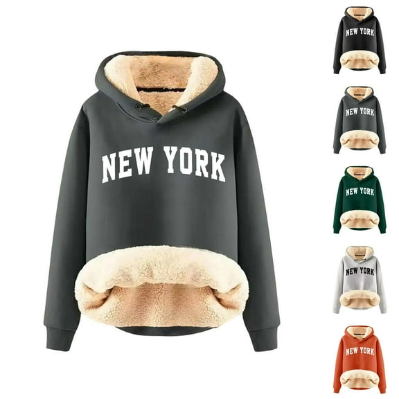New York Fleece Lined Hoodies for Women Winter Long Sleeve Thick Warm Hooded Sweatshirt Pullover Tops