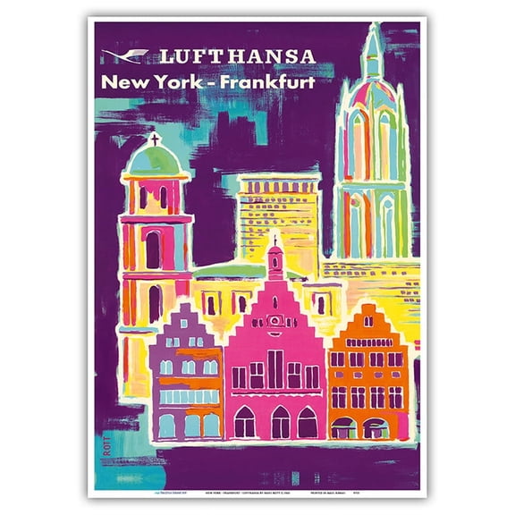 New York - Frankfurt - Lufthansa German Airlines - Vintage Airline Travel Poster by Hans Rott c.1960 - Master Art Print 10in x 14in