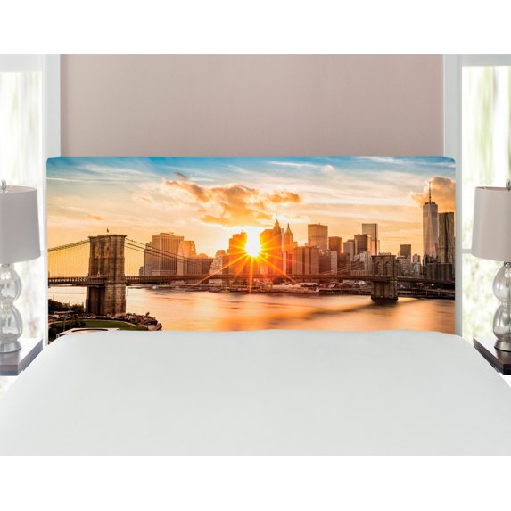 New York Headboard, Cityscape of Brooklyn Bridge and Manhattan River Center of Culture Photo, Upholstered Decorative Metal Bed Headboard with Memory Foam, Full Size, Multicolor, by Ambesonne