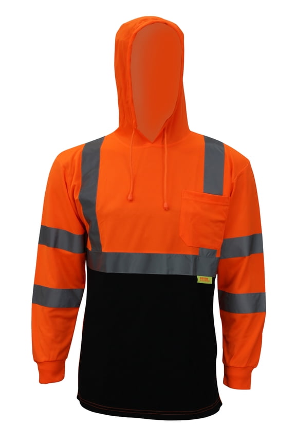 New York Hi-Viz Workwear BFLH6511 High-Visibility Class 3 Long Sleeve T-Shirt, Moisture Wicking Mesh Birdseye, With Black Bottom and Hoodie (5XL, Orange, 1EA )