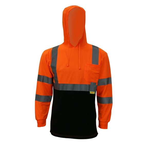 New York Hi-Viz Workwear BFLH6511 High-Visibility Class 3 Long Sleeve T-Shirt, Moisture Wicking Mesh Birdseye, With Black Bottom and Hoodie (Large, Orange, 1EA )