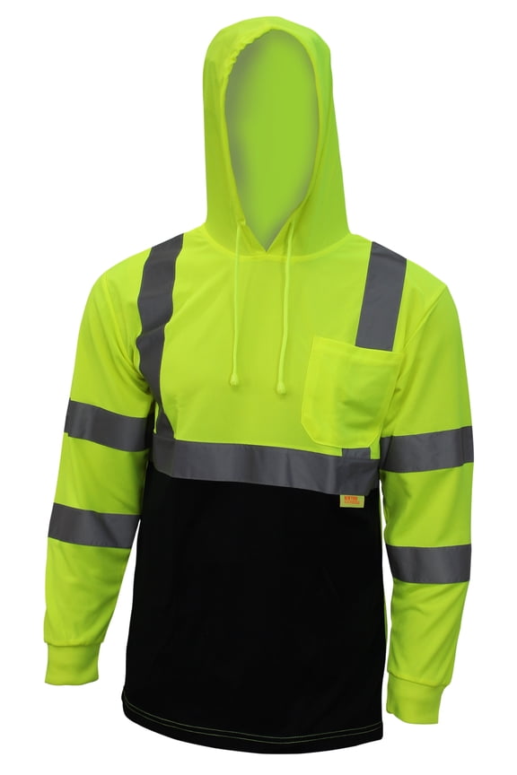 New York Hi-Viz Workwear BFLH6512 High-Visibility Class 3 Long Sleeve T-Shirt, Moisture Wicking Mesh Birdseye, With Black Bottom and Hoodie (5XL, Lime, 1EA )