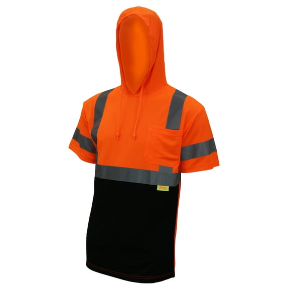 New York Hi-Viz Workwear BFSH4511 High-Visibility Class 3 Short Sleeve T-Shirt, Moisture Wicking Mesh Birdseye, With Black Bottom and Hoodie (5XL, Orange, 1EA )