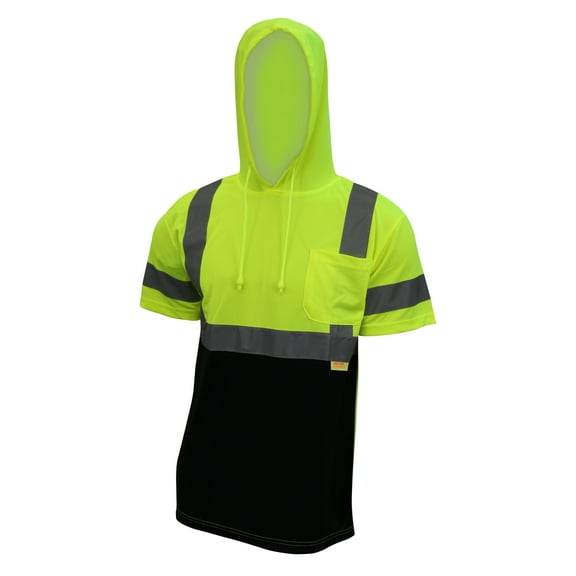 New York Hi-Viz Workwear BFSH4512 High-Visibility Class 3 Short Sleeve T-Shirt, Moisture Wicking Mesh Birdseye, With Black Bottom and Hoodie (2XL, Lime, 1EA )