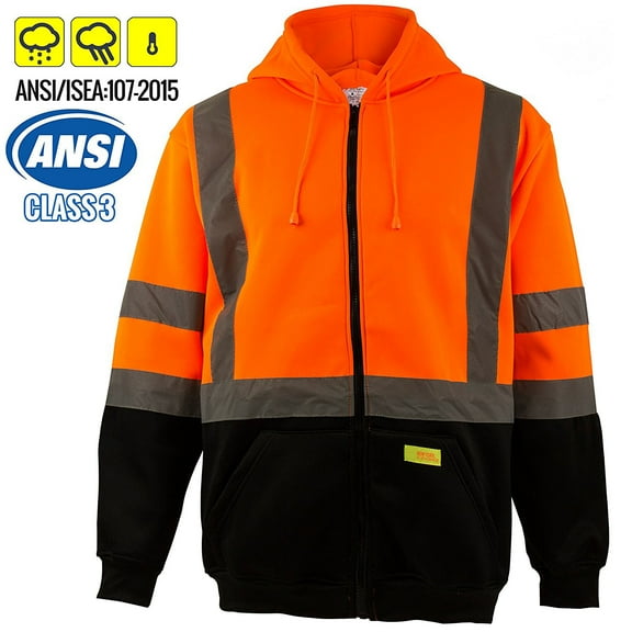 New York Hi-Viz Workwear H6611 Men's ANSI Class 3 High Visibility Sweatshirt, Full Zip Hooded, Black Bottom, Fleece Lined (Orange, Small)