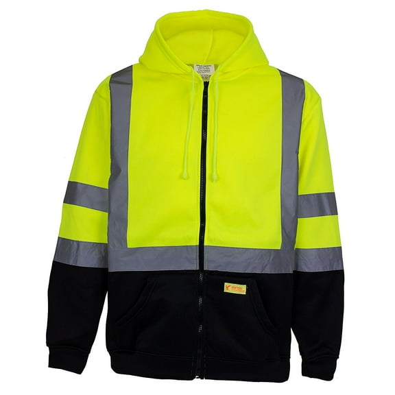 New York Hi-Viz Workwear H6612 Men's ANSI Class 3 High Visibility Sweatshirt, Full Zip Hooded, Black Bottom, Fleece Lined (Lime, 3XL)