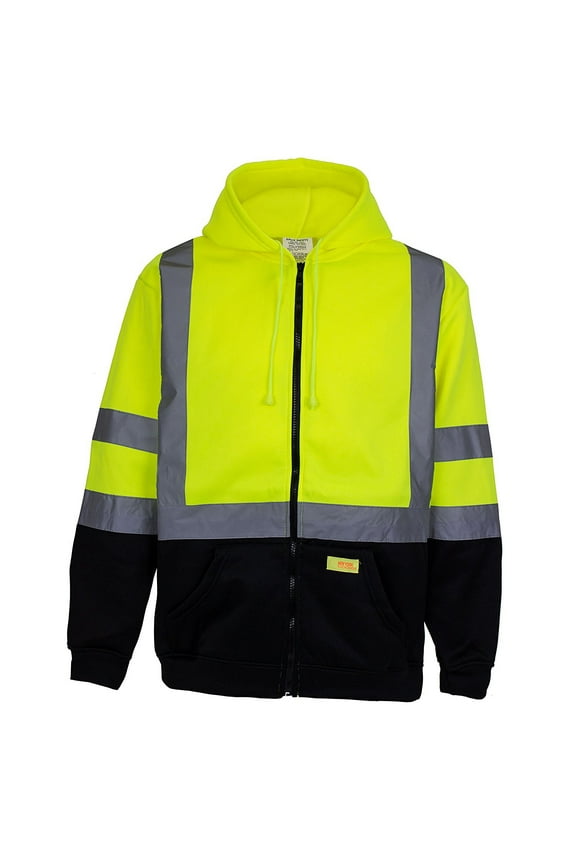 New York Hi-Viz Workwear H6612 Men's ANSI Class 3 High Visibility Sweatshirt, Full Zip Hooded, Black Bottom, Fleece Lined (Lime, Extra Large)