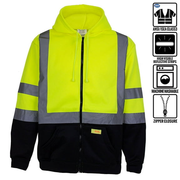 New York Hi-Viz Workwear H6612 Men's ANSI Class 3 High Visibility Sweatshirt, Full Zip Hooded, Black Bottom, Fleece Lined (Lime, Large)