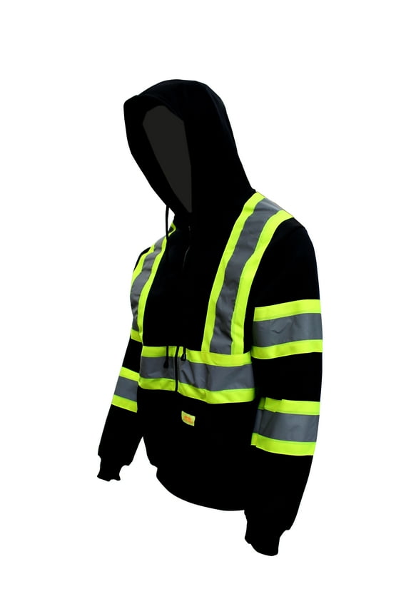 New York Hi-Viz Workwear H9013 Men's ANSI Class 3 High Visibility Class 3 Sweatshirt, Full Zip Hooded, Lightweight, Black Bottom Hoodie (5XL)