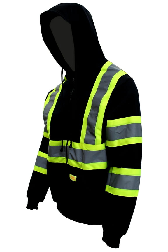 New York Hi-Viz Workwear H9013 Men's ANSI Class 3 High Visibility Class 3 Sweatshirt, Full Zip Hooded, Lightweight, Black Bottom Hoodie (Small)