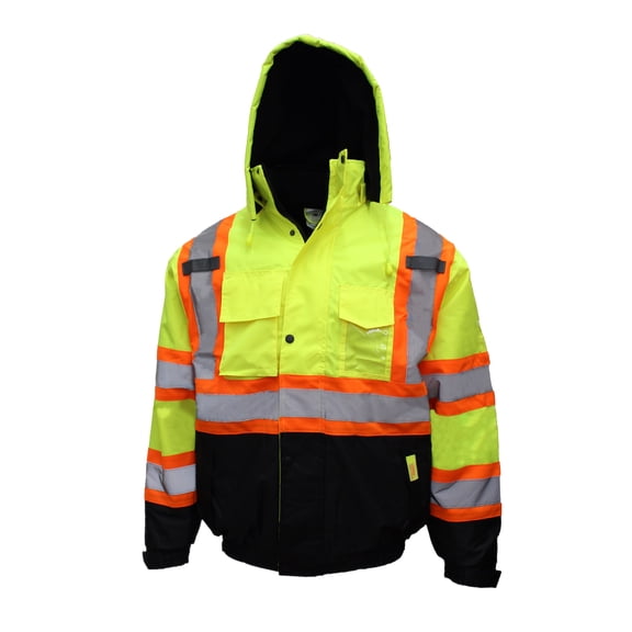 New York Hi-Viz Workwear WJX7012 Men's ANSI Class 3 High Visibility Bomber Safety Jacket with X Pattern, Waterproof (Large, Lime)