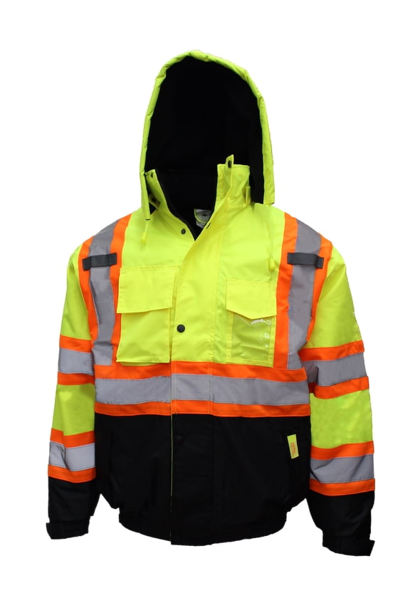 New York Hi-Viz Workwear WJX7012 Men's ANSI Class 3 High Visibility Bomber Safety Jacket with X Pattern, Waterproof (Large, Lime)