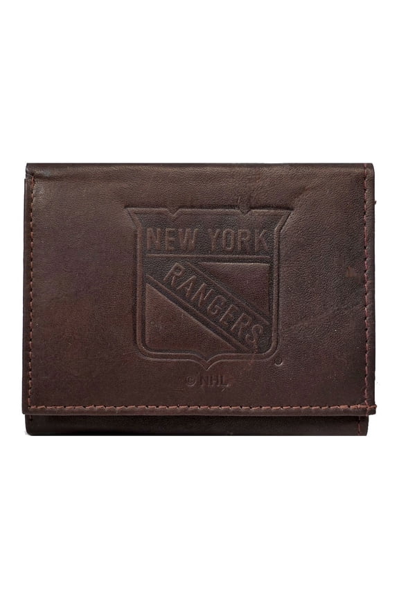 New York Hockey Rangers Embossed Trifold Wallet - Soft Dark Brown Leather - with Worn Distressed Look