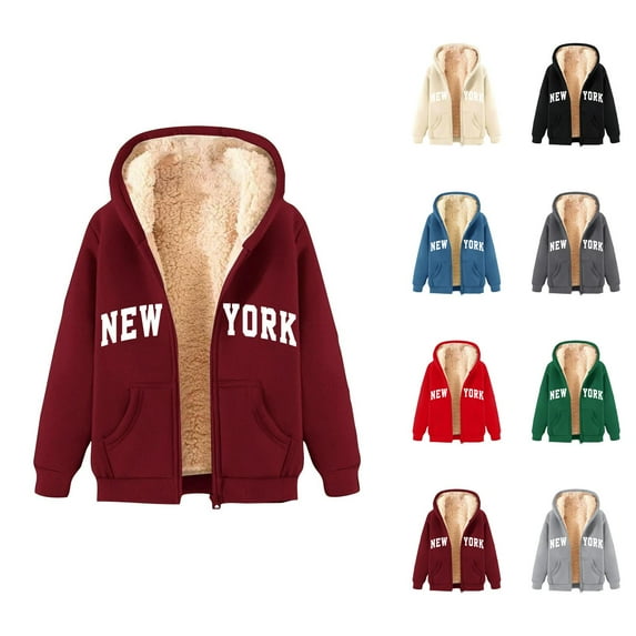 New York Hoodie 2025 Fall Winter Fleece Lined Zip Up Hoodies Pockets Streetwear Hooded Sweatshirt Hoodie Women Jacket